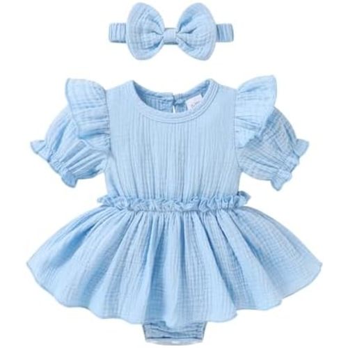 Happy Town Newborn Baby Girl Clothes Infant Summer Romper Ruffle Puff Sleeves Jumpsuit with Headband Toddler Outfits