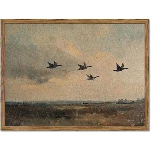 Vintage Flying Duck Wall Art, Rustic Landscape Wall Decor Retro Bird Painting Nature Wilderness 3D Textured Hand Drawn Sandstone Artwork Aesthetics for Bedroom Living Room 12x16 inch Wood Framed