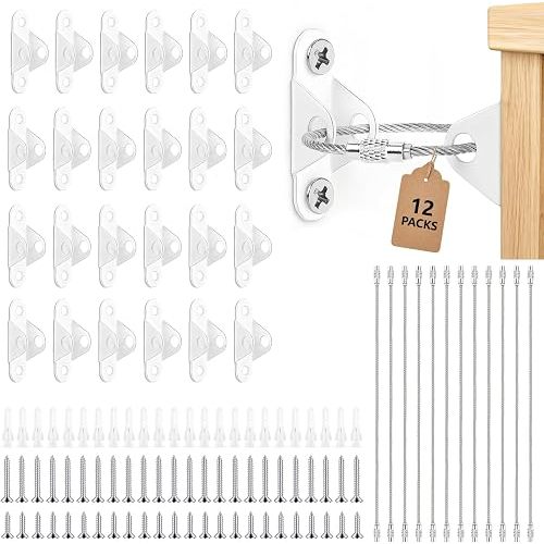 12 Pack Furniture Anchors for Baby Proofing, Anti Tip Furniture Straps for Wall, Metal Safety Anchors, Earthquake Straps for Dresser, Cabinet, Bookshelf, Child Safety (White)