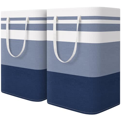 HomeHacks 2 Pack Large Laundry Baskets, Laundry Hampers Bags (Blue 75Lx2) | Waterproof, Freestanding, Collapsible Clothes Hamper with Reinforced Handles in Laundry Room, Dorm, Bathroom, Bedroom