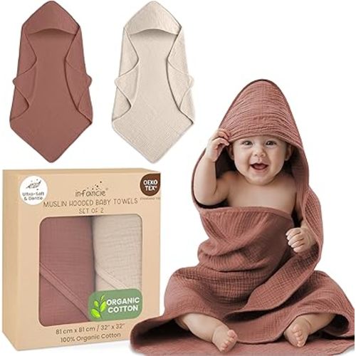 Organic Cotton Muslin Baby Hooded Towels - 32x32 Inch, 2 Pack Newborn Bath Towels for Boys & Girls, Soft & Absorbent Bath Set (Rust/Ivory)