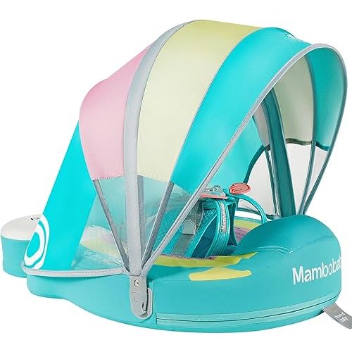 Mambobaby Non-Inflatable Baby Pool Float with Tail and Canopy UPF 50+ Sun Protection No Flip Over Infant Swim Float Skin-Friendly Mambo Float Swim Trainer Solid Baby Swimming Ring (Rainbow Green)