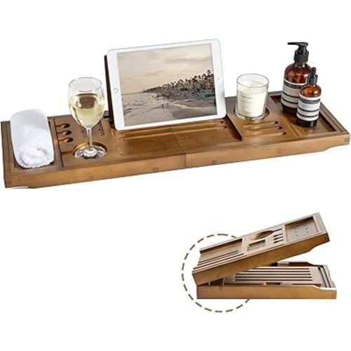 Realgulf Bamboo Bathtub Tray Caddy - Splash-Proof Adjustable (28.5-40") with Wine Holder, Tablet Stand & Non-Slip Grip | Spa-Grade Organizer for Bath Essentials & Reading- Walnut