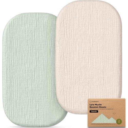 2-Pack Muslin Baby Bassinet Sheets Girls, Boys – 100% Cotton Organic Bassinet Sheets, 33x20 Oval Capsule Mattress Cover, Universal Fit Compatible with Maxi Cosi Iora Baby Bassinet Mattress (Sage)