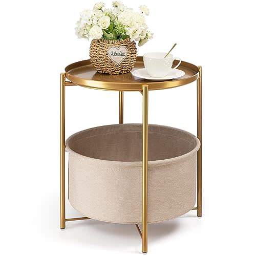 danpinera Round Side Table with Fabric Storage Basket, Metal Side Small Bedside Table Nightstand with Removable Tray Top for Living Room, Bedroom, Nursery, Laundry, Gold