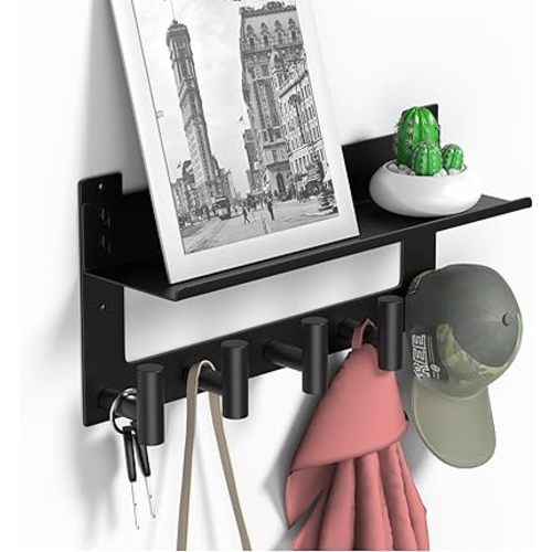 VAEHOLD Wall-mounted Coat Rack with Shelf Wall Hooks with Upper and Lower Double Storage Entryway Shelf with 5 Stainless Steel Hooks to Hang Clothes Towels Bathrobe Purse(Black)