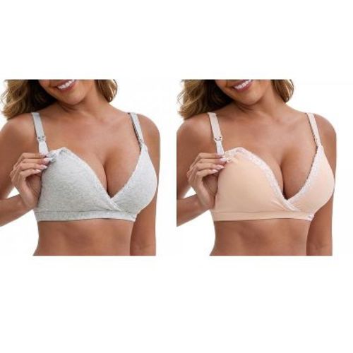 INSPIRE CHIC Women's Lace Trim Wireless Plunge Lift Up Front-Cross Buckled Straps Back Hooks Nursing Bra 2 Packs 1 Beige+1 Gray Medium