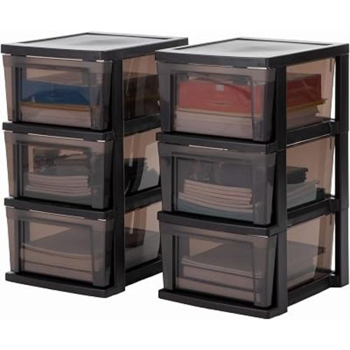 IRIS USA Plastic Drawer Storage Organizer, 3-Drawers, 2-Pack, for Classroom Art Craft Supplies, Bathroom Bedroom, Laundry Room, Black/Gray