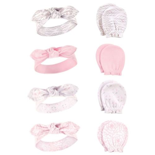Hudson Baby Infant Girls Cotton Headband and Scratch Mitten Set, Gray Feather, 0-6 Months
