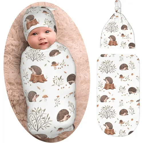 Hedgehog Baby Stuff Mushroom Newborn Swaddle Blanket with Beanie Set, Soft and Stretchy Baby Blanket Swaddle Sleep Sack for Boy and Girl