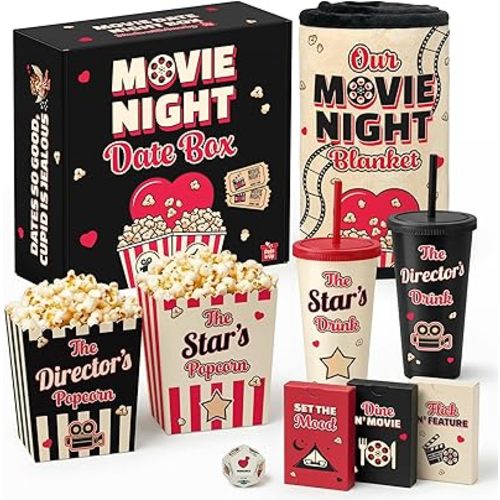 Movie Night Date Night Box for Couples, Perfect Valentines Day Gifts with Couples Blanket, Popcorn Bowl Buckets, Re-usable Cups, Date Night Generator Cards, Movie Genre Dice, Gifts for Movie Lovers
