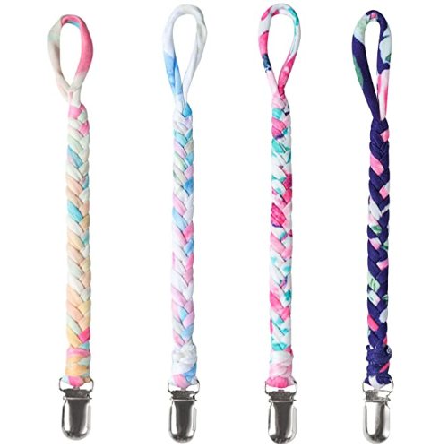 4 Pieces Pacifier Clips for Infant Boys and Girls Universal Pacifier Holder Hand-Made Braided Soothie Leash for All Pacifiers Teething Drool Bibs (Gray, Yellow, White, Blue)