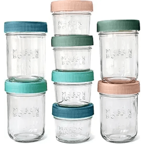 Mason Bottle Breast Milk Storage Jars (4oz & 8oz, 8-Pack) Reusable Glass Breastmilk Storage Jar & Baby Food Containers with Lid & Breast Milk Storage, Airtight, Stackable, Freezable (Deep Ocean)