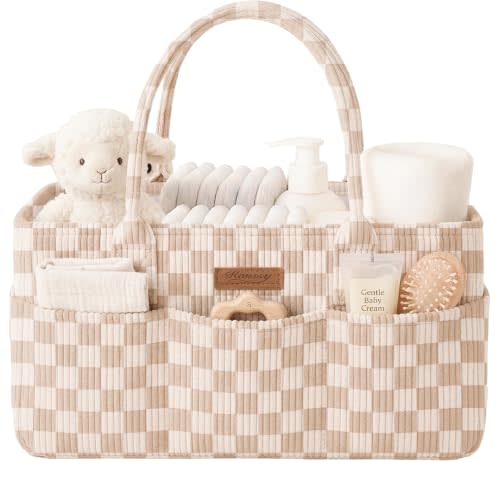 Konssy Baby Diaper Caddy Organizer, Corduroy Nursery Storage Basket | Large Size, Removable Dividers, Exterior Pockets, Nursery Essentials Registry & Gift for Baby Shower (Apricot Plaid)