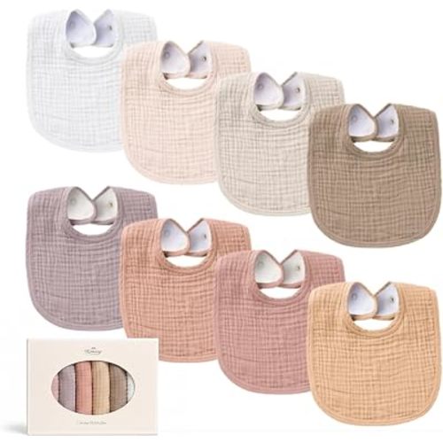 Konssy 8-Pack Muslin Baby Bibs, Adjustable Fit for Drooling and Teething