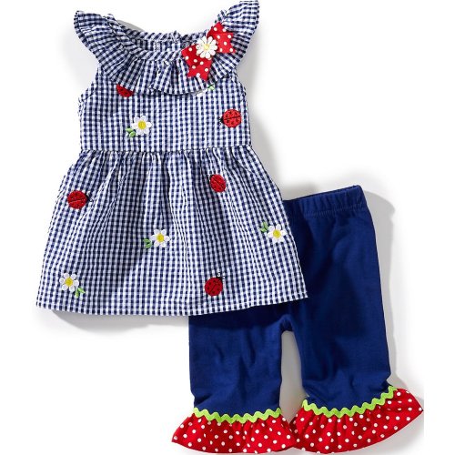 Rare Editions Baby Girls Sleeveless Ladybug/Flower-Appliqued Checked Seersucker Tunic Top & Solid Leggings Set