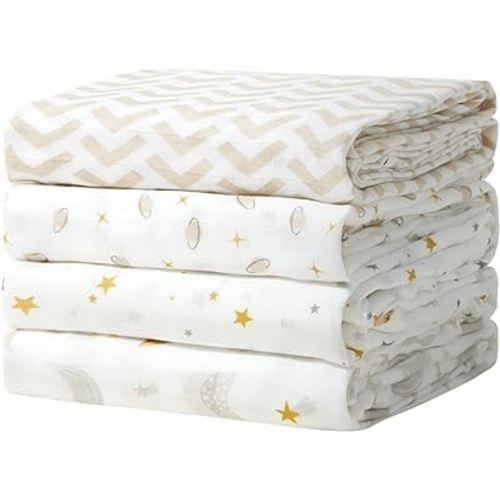 Momcozy Muslin Swaddle Blankets, 4 Pack Ultra Soft Neutral Swaddle Blanket, Breathable Large 47''x47'' Baby Infant Newborn Boys Girls Swaddling Receiving Blanket Wraps, Beige Star