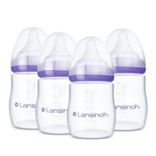 Lansinoh Anti-Colic Baby Bottles, 5 Ounces, 4 Count | Extra Slow Flow Nipples (XS), Breastfeeding Bottle with NaturalWave Design, BPA-Free Plastic, Baby Essentials