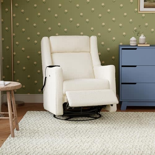 Babyletto Kiwi Deluxe Power Recliner & Glider, Performance Ivory Boucle | Electronic Recliner w/ 270° Swivel, USB Ports, Adjustable Headrest, Power Lumbar Support & Massage - GREENGUARD Certified