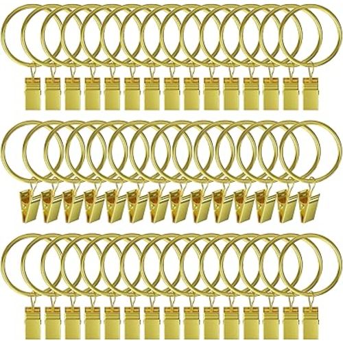 44 Pack Gold Curtain Rings with Clips, Curtain Clips for Drapes, Drapery Rings for Pleated Drapes Heavy Duty, Shower Tension Rod Rings Hooks Hangers, 1.26 inch Fits 1.1 in Diameter Rod, Gold
