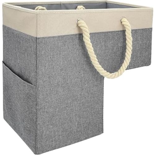 Stair Basket for Carpeted and Wooden Stairs – Foldable Staircase Basket with Thick Cotton Rope Handles, Modern Stairway Storage Organizer (Lite Cream and Gray with Side Pocket)