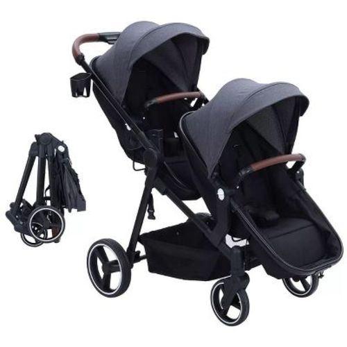 GustoWave Double Track Tandem Stroller, Foldable Bassinet Pram for Infant and Toddler, Multi-Position Reversible Pushchair with Large Storage Basket