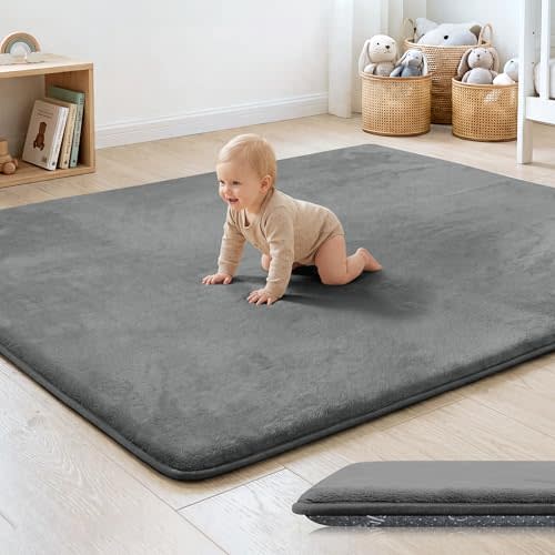1.3" Thick Baby Floor Play Mat 79x118, Basic Padded Foam Mat for Tummy Time Crawling, Non Slip Cushioned for Babies Toddlers Infants Kids (Dark Grey)