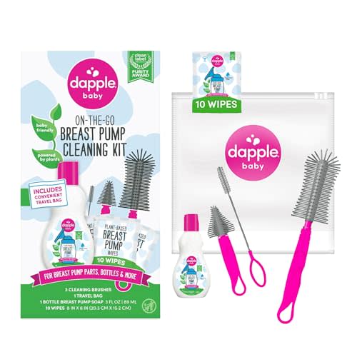 Dapple Breast Pump Cleaning Kit, 3 Baby Bottle Cleaning Brushes, Hypoallergenic & Powered by Plants, Removes Milk Residue, Leaves No Taste, 3oz Soap, 10ct Wipes 3 Cleaning Brushes