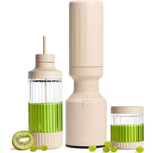 Beast Mighty 850 Stainless Steel | Compact Personal Blender | Extra Vessels | Keeps Blends Cold | Smoothies, Shakes, Sauces, Dips | Portable Straw Caps and Lids | 850W (Sand)