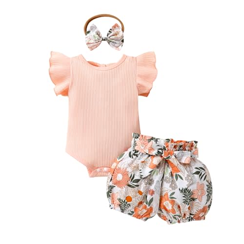 Baby Girl Clothes Infant Summer Outfits Set Ruffle Sleeve Romper and Floral Shorts with Headband