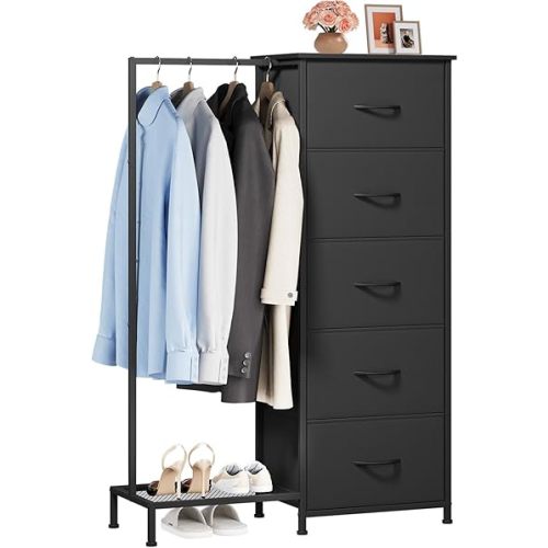 Somdot Dresser with Hanging Rack,5 Drawers Small Closet for Bedroom,Reversible Dresser with Clothes Rack,Kids Dressers for Bedroom Chest of Drawers,Tall Storage Tower,Black