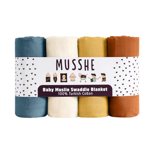 Muslin Swaddle Blankets - 4 Pack, 100% Organic Turkish Cotton Baby Blankets, Soft & Breathable Newborn Swaddles, Baby Wrap for Boys & Girls, Ideal for Sensitive Skin (4 Pcs, 40x40 Inch)