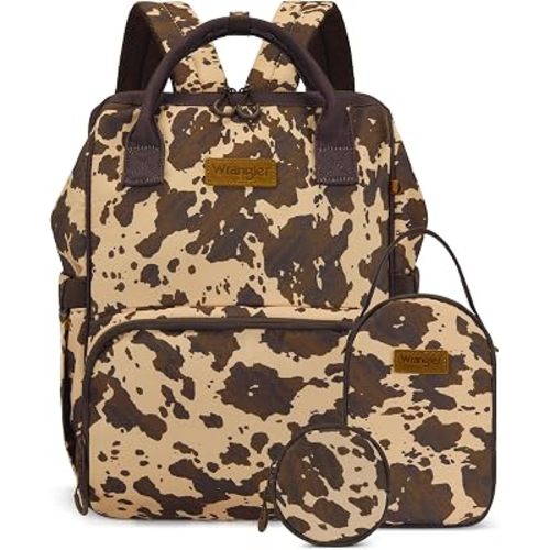 Montana West Wrangler Callie Diaper Bag Backpack with Pacifier Case, Crossbody Bottle Bag and Stroller Straps Western Pattern Multifunction Baby Travel Bag Set WG-BG-2215-9110-1-COW-CF
