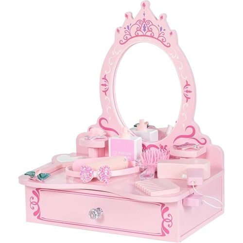 Wooden Vanity Set for Kids, Toddler Tabletop Beauty Salon Play Set w/Accessories & Drawer, Princess Makeup Pretend Play Vanity Table Toy with Crown Shaped Mirror for Little Girls Age 3-8