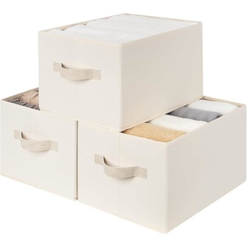 StorageWorks Foldable Shelf Organizer Bins, Closet Storage Baskets for Clothes, Fabric Storage Bins for Shelves, Beige Stripes, 3-Pack, Large