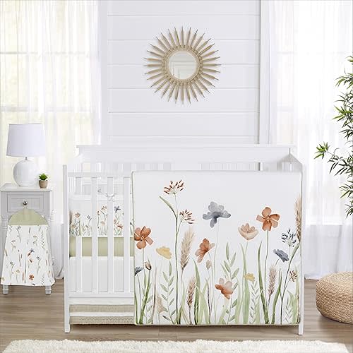 Sweet Jojo Designs Boho Floral Garden Flower Girl Baby Crib Bedding Set Infant Nursery Room BreathableBaby Breathable Mesh Crib Liner Blanket Fitted Sheet Skirt 6p Green Watercolor Bohemian Farmhouse