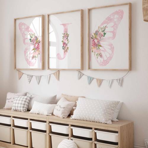 Personalized pink butterfly print set of 3, Light pink wall art, Floral nursery art, Baby name sign, Butterfly and flowers nursery decor