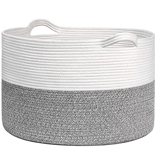Large Storage Basket, 21.7'' x 13.8'' Cotton Rope Blanket Basket Living Room, Toy Organizers and Storage with Handles for Kids, Laundry Basket for Clothes, Towel, 90L Grey