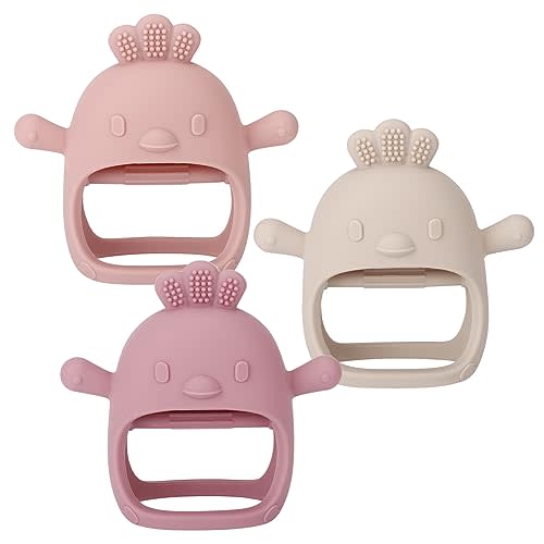 Socub 3 Pack Silicone Baby Teether Toys for Infants 3+ Months, BPA Free Anti-Drop Silicone Mitten Teething Toy for Soothing Sore Gums, Baby Chew Toys for Sucking Needs, Rose Pink,Dark Pink,Beige