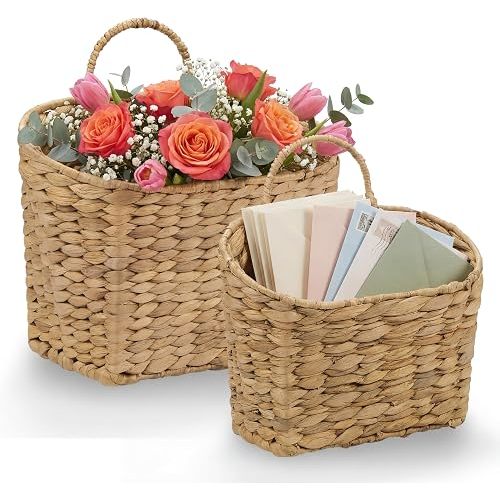 84ECO Set of 2 Wicker Hanging Baskets for Organizing, Front Door, Mail, Flowers - Woven Wall Baskets for Storage