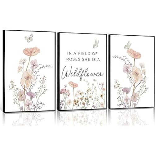 3Pcs Wildflower Nursery Canvas Wall Art Flower Botanical Sentence Poster Pink Watercolor Floral Girl's Room Decorative Painting for Nursery Baby Room Living Room Bedroom Home Decoration Unframed