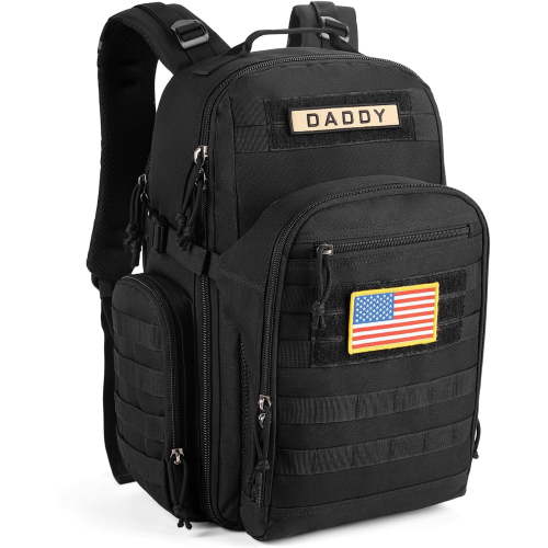 SHARKMOUTH Dad Diaper Bag Backpack - Military Baby Gear Backpacks with Daddy Patches Black