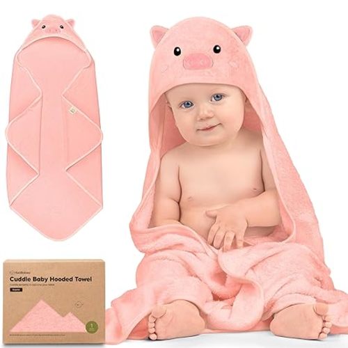 KeaBabies Hooded Baby Towel for Newborn, Baby Bath Towels (Piglet, 35x35) | Viscose Derived from Bamboo, Large Baby Towels with Hood, Boys, Girls, Toddler, Soft Absorbent Baby Bath Essentials