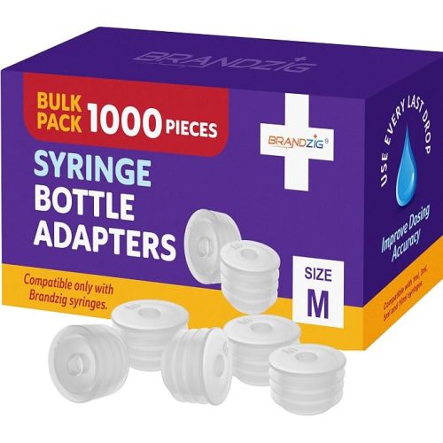 Medicine Bottle Syringe Adapter For Oral Dispensers (Size Medium, 50 Pack) | Press In Bottle Adapter for Liquid Medication | Only Fits Brandzig 1ml, 3ml, 5ml & 10ml Syringes