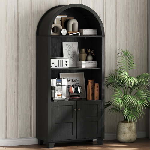 IDEALSOUL Arched Cabinet, 70-Inch Kitchen Pantry Storage Cabinet, Open Shelf Storage Cabinet with 2 Doors and 5 Shelves(Black)