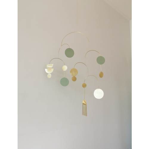 Medium brass kinetic mobile. Gold metal hanging sculpture. Mid-century modern art decor