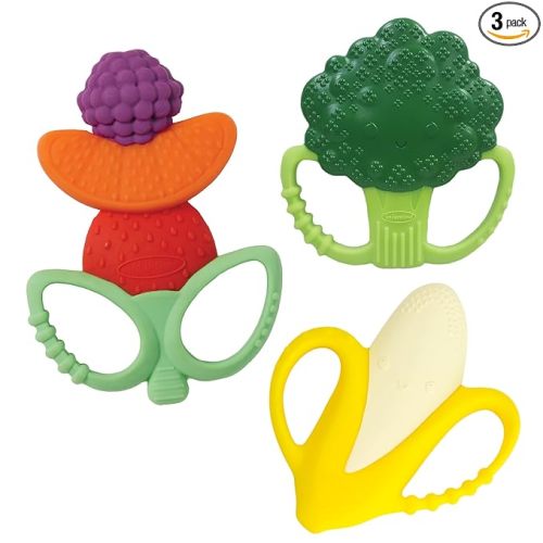 Infantino Lil’ Nibbles Textured Silicone Teethers, BPA-Free Baby Teething Toy, Soft, Easy to Hold, Sensory Stimulation for Infants, Banana, Broccoli, Fruit Kabob, 3-Pack Set