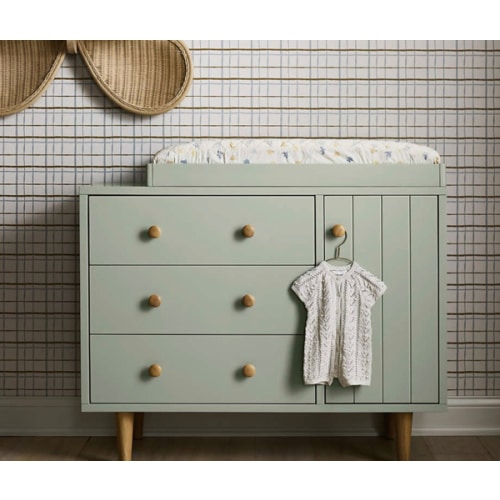 Finn 44" Narrow Sage Green Wood 3-Drawer Kids Dresser with Door
