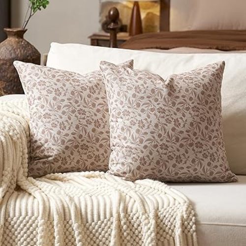 Aeckself Neutral Floral Pillow Covers 18x18 Set of 2, Vintage Block Print Throw Pillow Covers Decorative Farmhouse Accent Couch Pillows for Living Room Bedroom, Beige