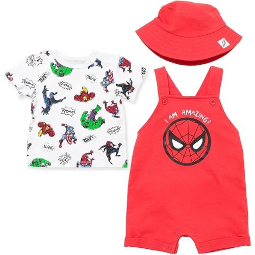 Marvel Avengers Hulk Captain America Thor Baby French Terry Short Overalls T-Shirt & Hat 3 Pcs Outfit Set Newborn to Infant